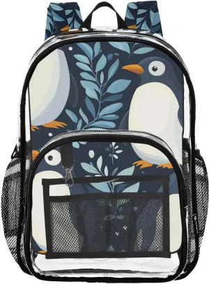 Animals Kids PVC Clear Backpack Emperor Penguins Leaves Heavy Duty Multi-pockets Large Capacity Transparent See Through Bookbag for School Travel Sport Work
