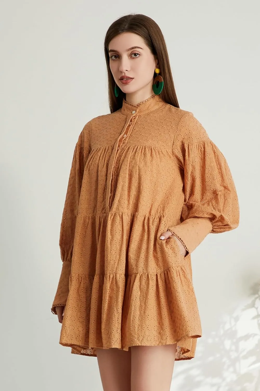 Aofur Summer Cotton V Neck Long Losse Sleeve Casual Party A-Line Dresses Embroidery Short Dress
