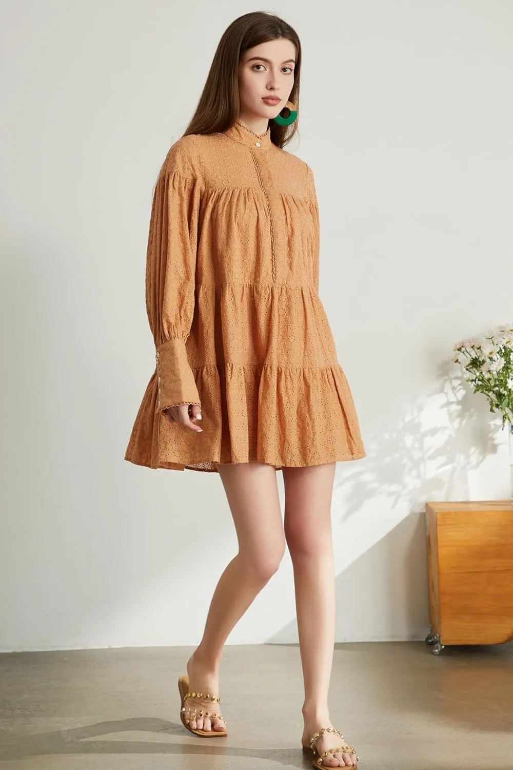 Aofur Summer Cotton V Neck Long Losse Sleeve Casual Party A-Line Dresses Embroidery Short Dress