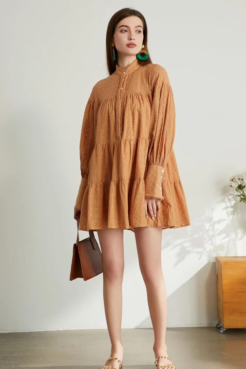 Aofur Summer Cotton V Neck Long Losse Sleeve Casual Party A-Line Dresses Embroidery Short Dress