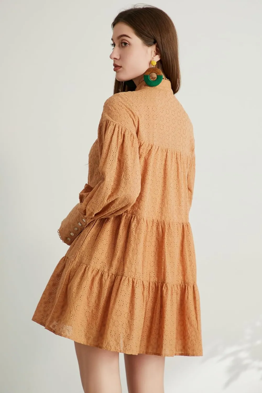 Aofur Summer Cotton V Neck Long Losse Sleeve Casual Party A-Line Dresses Embroidery Short Dress