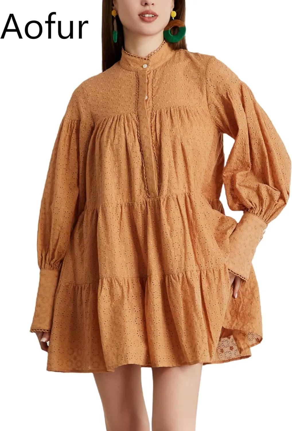 Aofur Summer Cotton V Neck Long Losse Sleeve Casual Party A-Line Dresses Embroidery Short Dress
