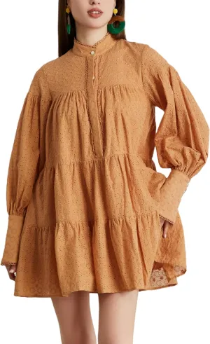 Aofur Summer Cotton V Neck Long Losse Sleeve Casual Party A-Line Dresses Embroidery Short Dress