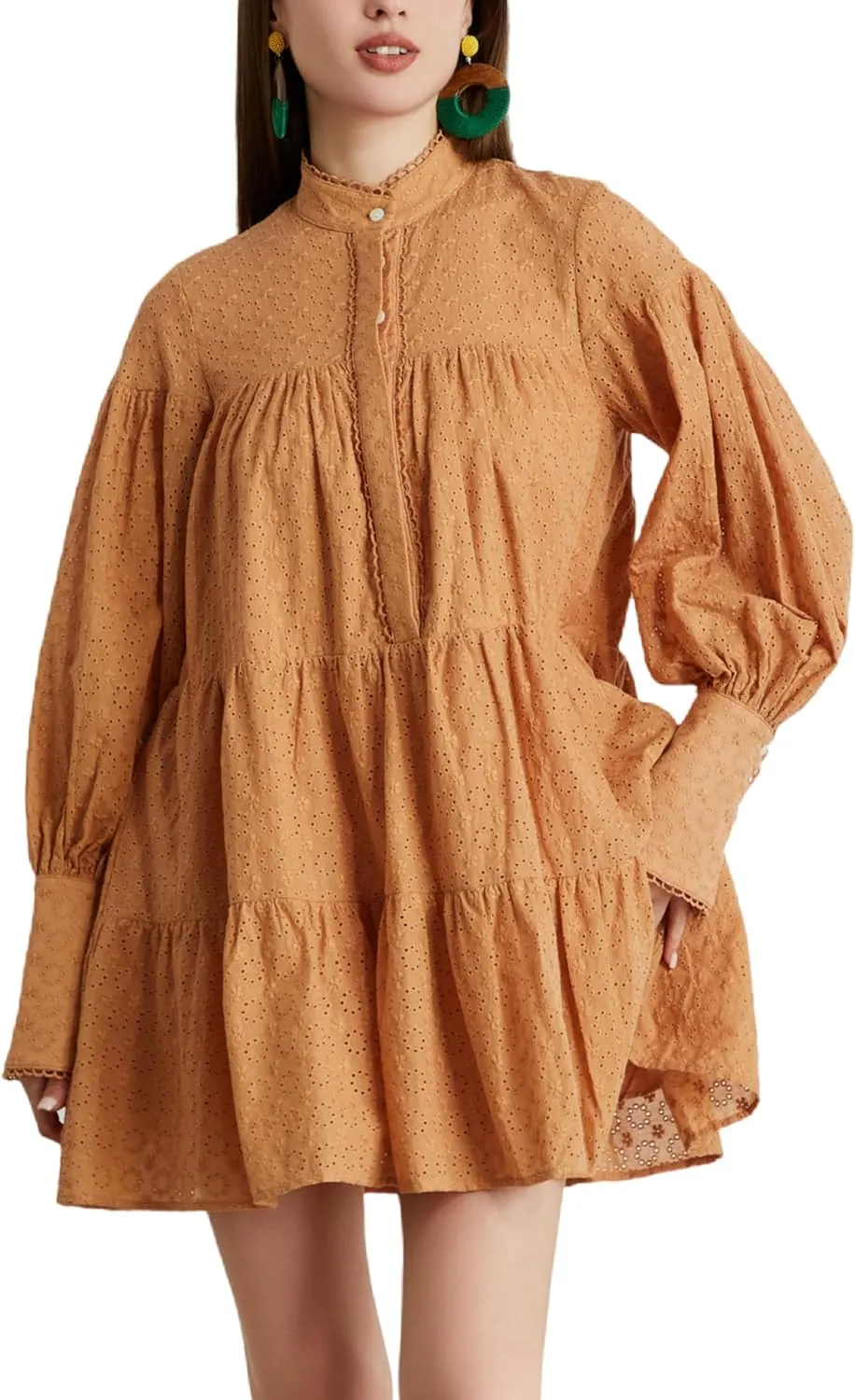 Aofur Summer Cotton V Neck Long Losse Sleeve Casual Party A-Line Dresses Embroidery Short Dress