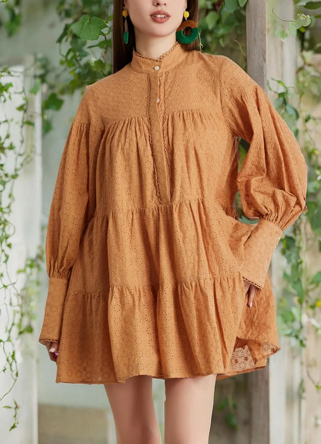Aofur Summer Cotton V Neck Long Losse Sleeve Casual Party A-Line Dresses Embroidery Short Dress