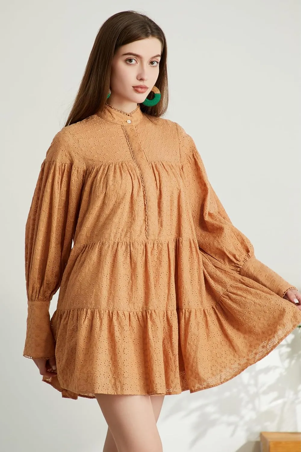 Aofur Summer Cotton V Neck Long Losse Sleeve Casual Party A-Line Dresses Embroidery Short Dress