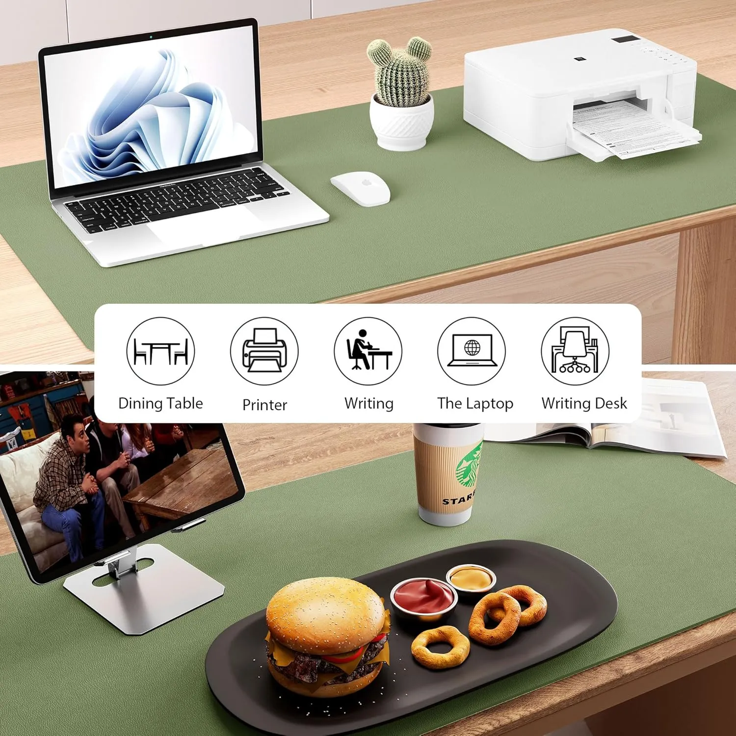 Aothia Dual-Sided Desk Pad - Leather Desk Mat, Natural Cork Desk Pad Protector, Large Mouse Pad for Desk, Waterproof Desk Blotter Pad, Desk Writing Pad for Office Work/Home, Olive Green (37.8"x17")