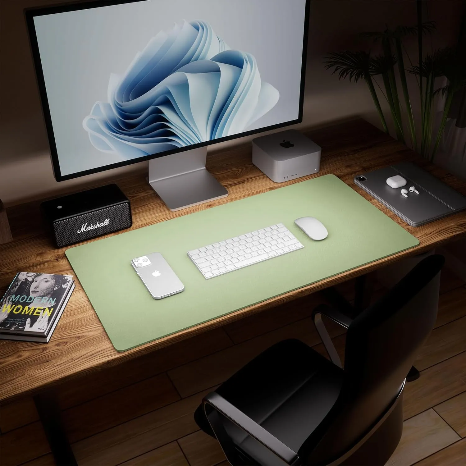 Aothia Dual-Sided Desk Pad - Leather Desk Mat, Natural Cork Desk Pad Protector, Large Mouse Pad for Desk, Waterproof Desk Blotter Pad, Desk Writing Pad for Office Work/Home, Olive Green (37.8"x17")