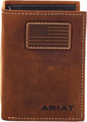 ARIAT Trifold Wallet USA Flag Patch, Medium Brown, One Size