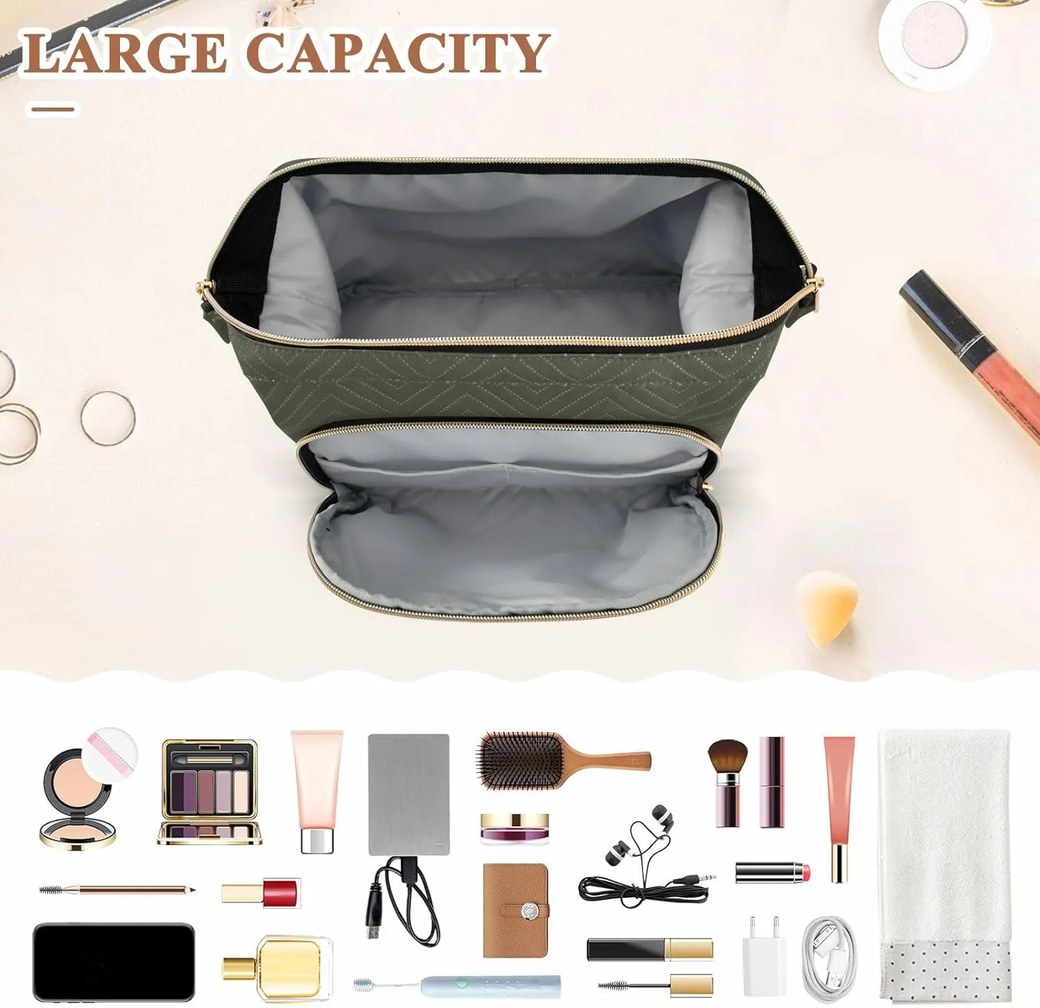 Army Green Custom Makeup Bag Travel Toiletry Bag Make Up Bags Skincare Bag Big Large Makeup Case Pouch Cosmetic Bag Box Organizer for Trip Women Purse Men Toiletries Sports Adults