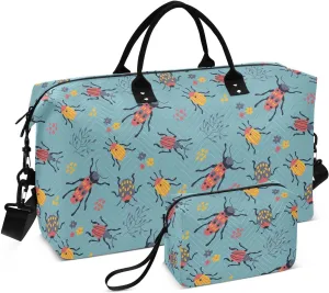 Aslsiy Travel Duffel Bags for Women Cute Beetles Flower Sport Duffel Bag Weekender Bags Gym Bag with Toiletry Bag Carry on Overnight Bag