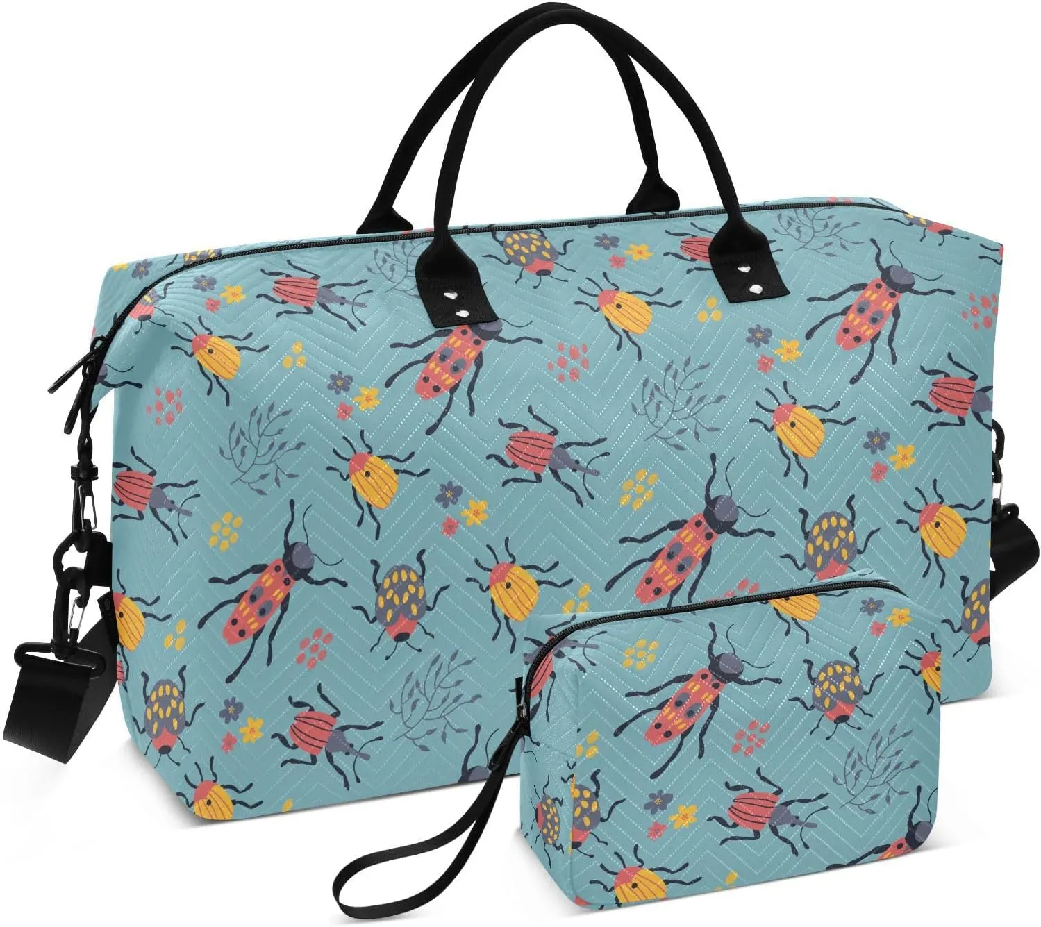 Aslsiy Travel Duffel Bags for Women Cute Beetles Flower Sport Duffel Bag Weekender Bags Gym Bag with Toiletry Bag Carry on Overnight Bag