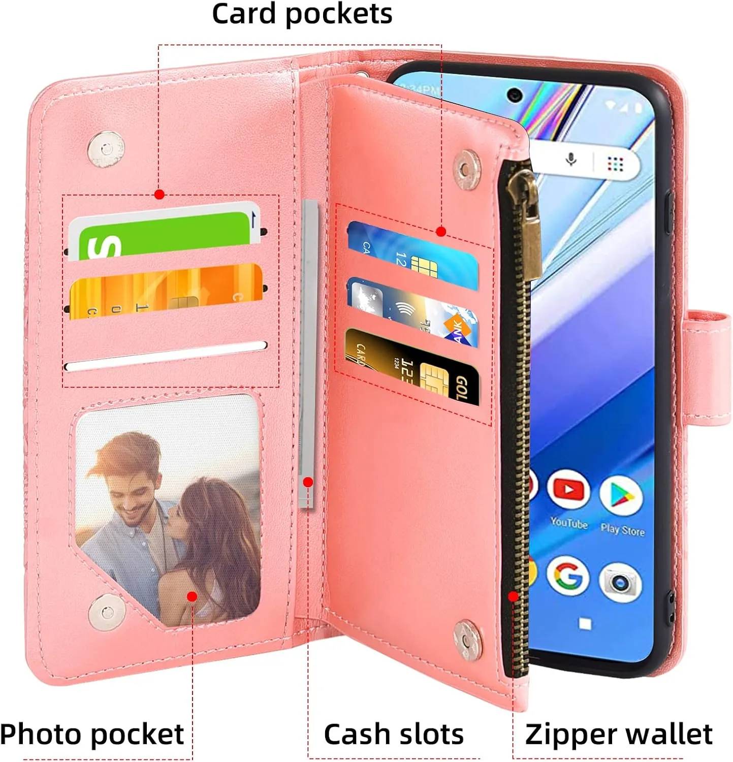 Asuwish Phone Case for Wiko Voix U616AT Wallet Cover with Tempered Glass Screen Protector and Flower Leather Flip Credit Card Holder Stand Folio Purse Lanyard Cell Accessories 5G Women Men Rose Gold