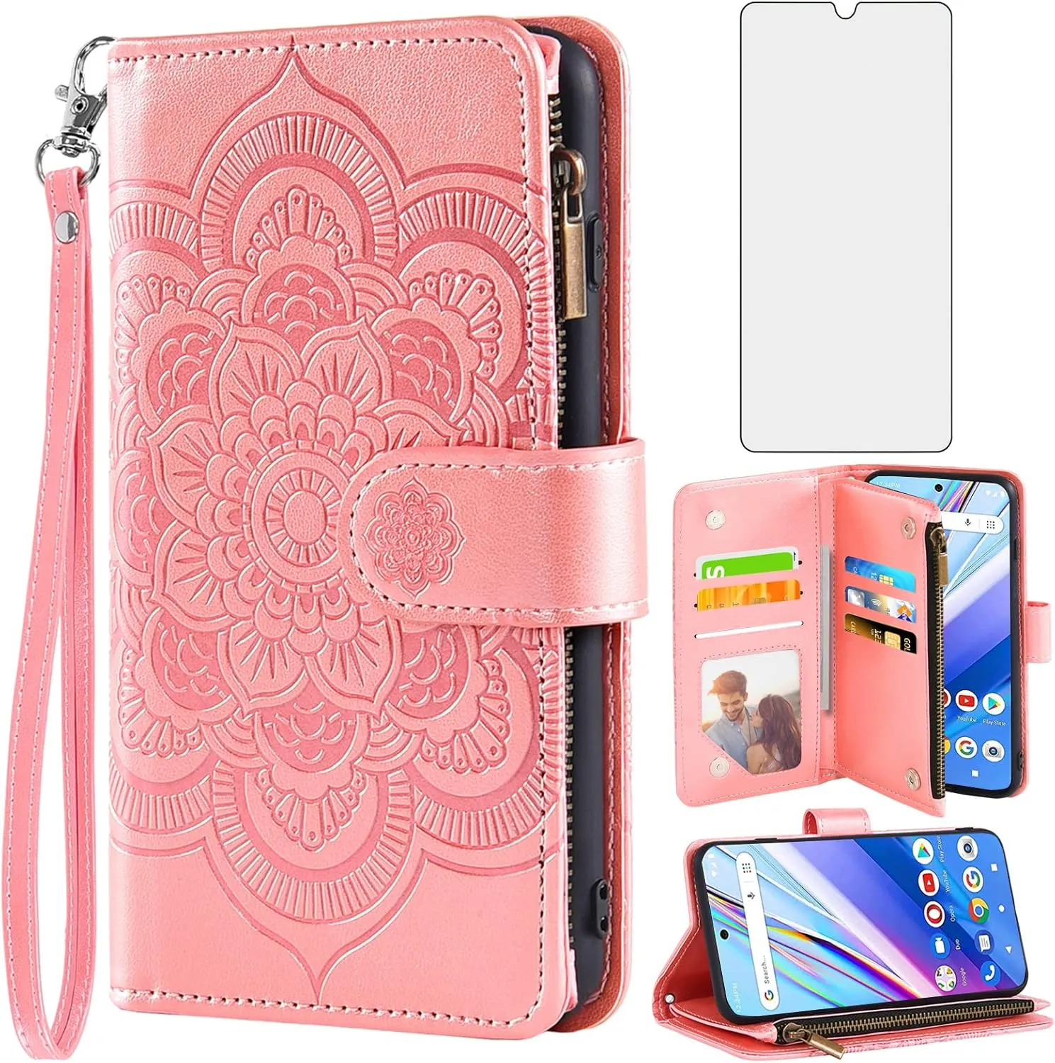 Asuwish Phone Case for Wiko Voix U616AT Wallet Cover with Tempered Glass Screen Protector and Flower Leather Flip Credit Card Holder Stand Folio Purse Lanyard Cell Accessories 5G Women Men Rose Gold