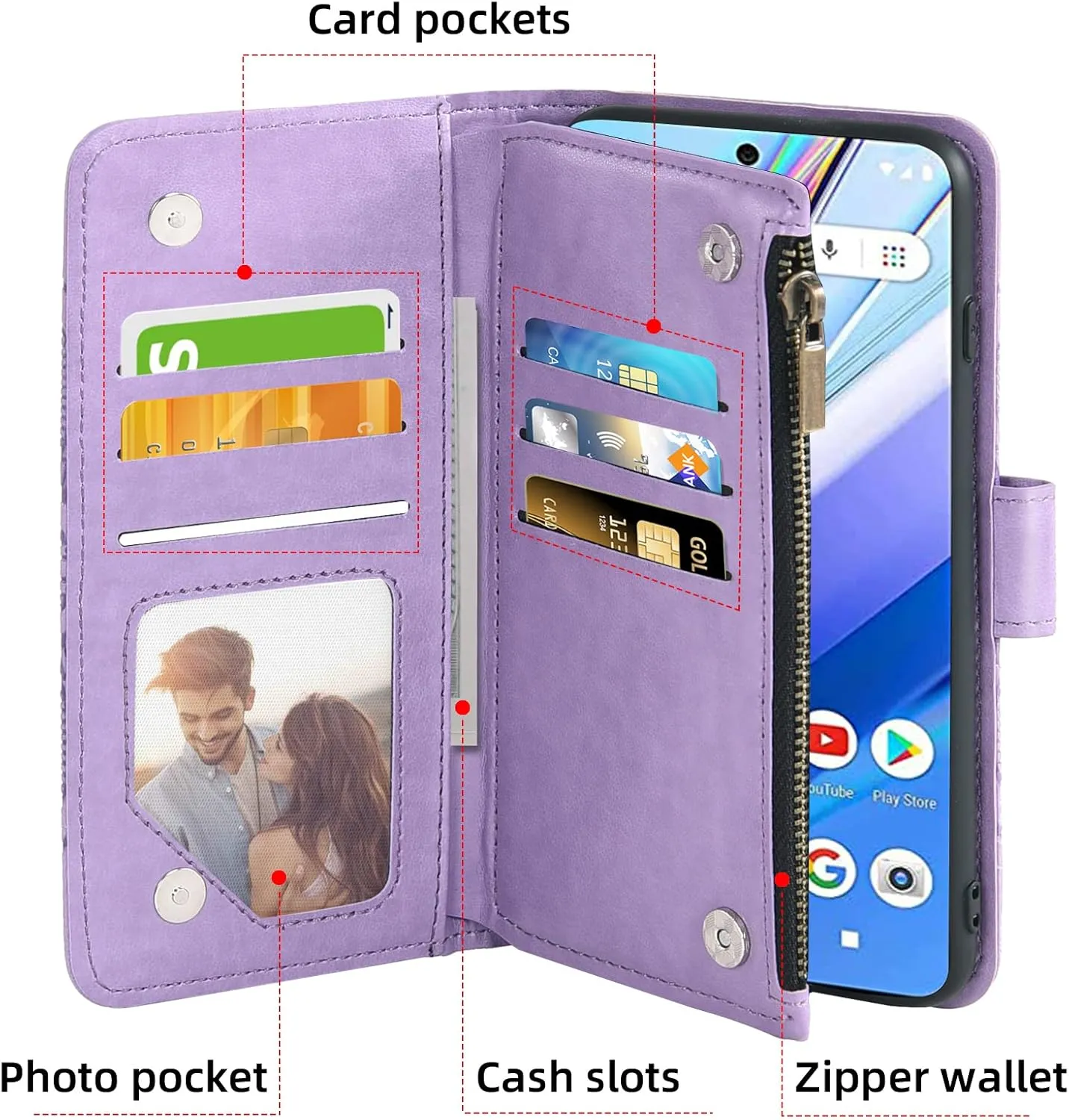 Asuwish Phone Case for Wiko Voix U616AT Wallet Cover with Tempered Glass Screen Protector and Flower Leather Flip Credit Card Holder Stand Folio Purse Lanyard Slot Cell Accessories 5G Women Men Purple