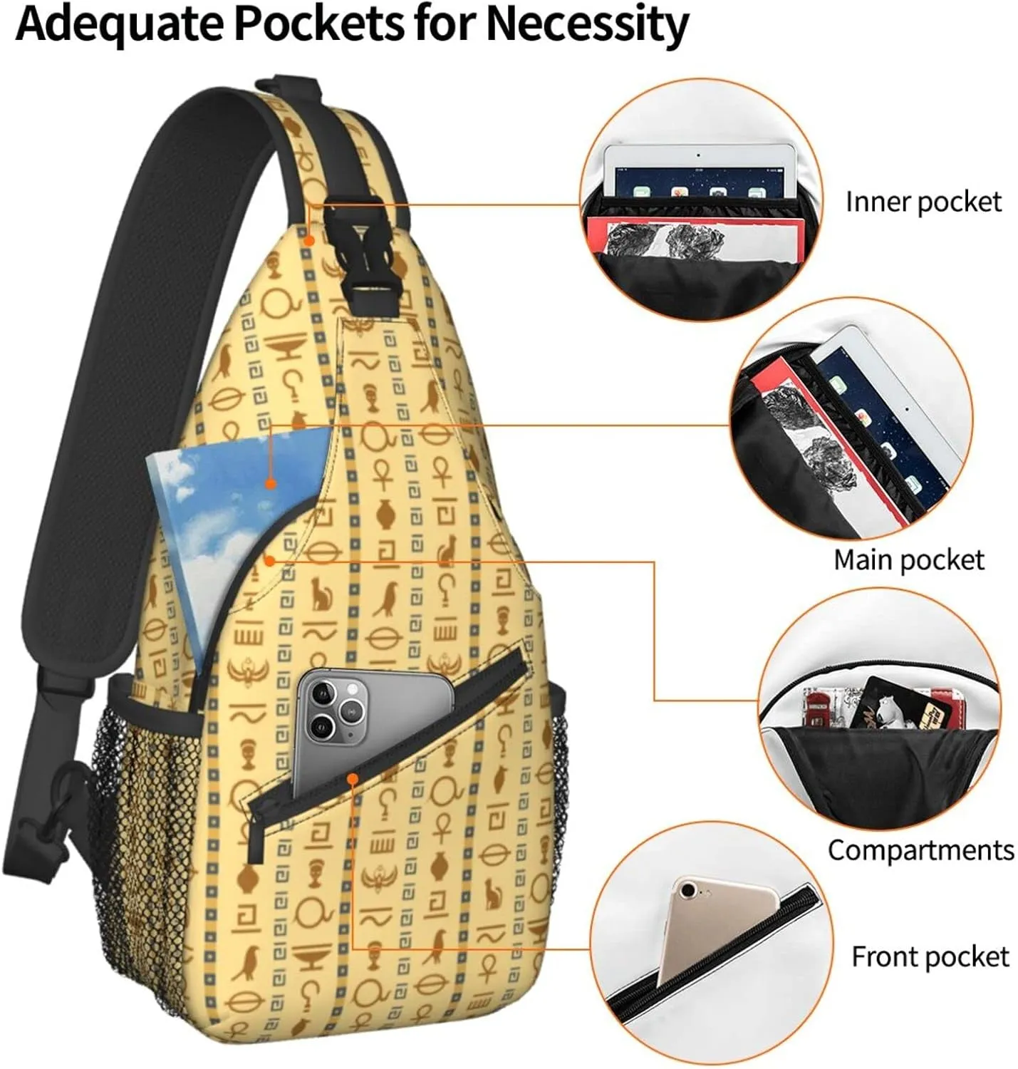 ASYG Ancient Egyptian Sling Bag Crossbody Chest Daypack Casual Backpack Egyptian Shoulder Bag Egyptian Decor