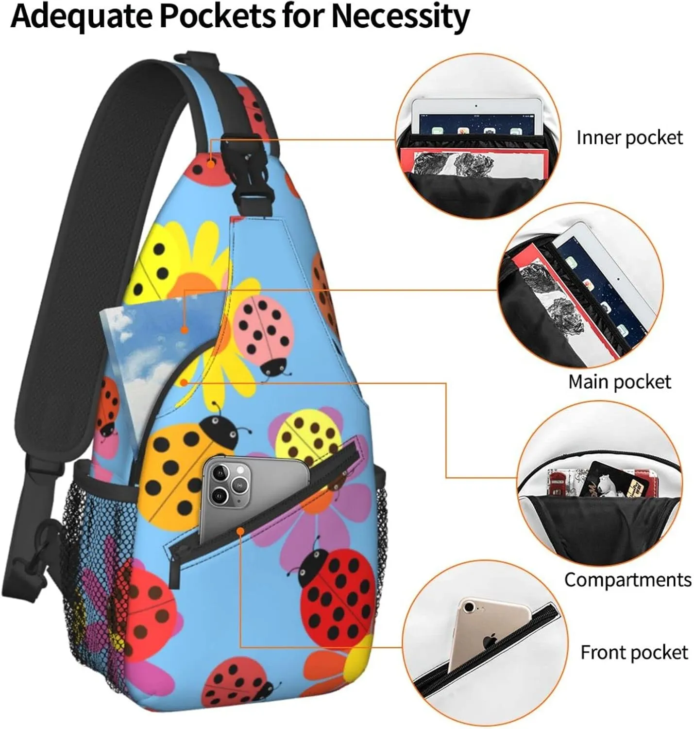 ASYG Ladybug Sling Bag Crossbody Chest Daypack Casual Backpack Cute Shoulder Bag For Travel Hiking Sport Gym