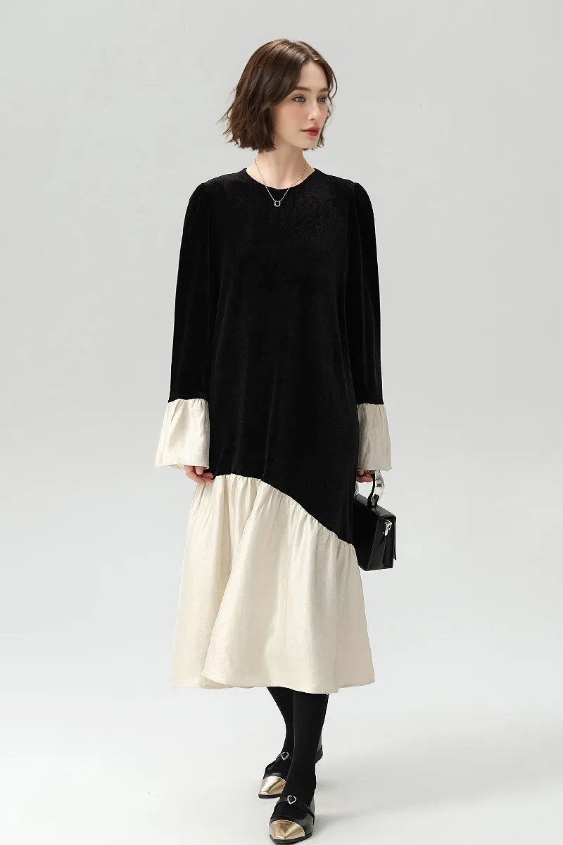 Asymmetric Patchwork Long-Sleeve Velvet Dress