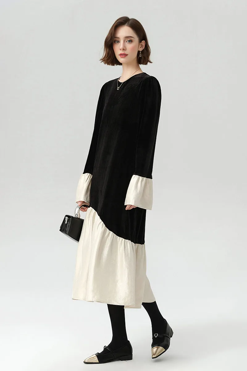 Asymmetric Patchwork Long-Sleeve Velvet Dress