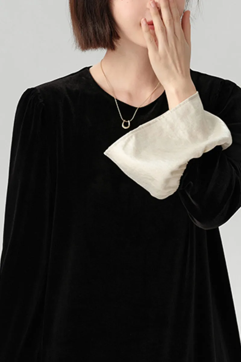 Asymmetric Patchwork Long-Sleeve Velvet Dress