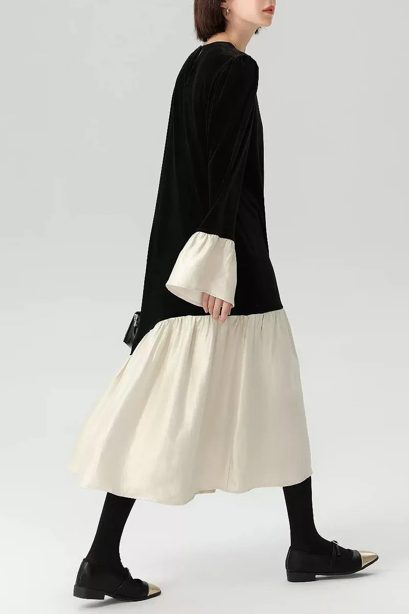 Asymmetric Patchwork Long-Sleeve Velvet Dress