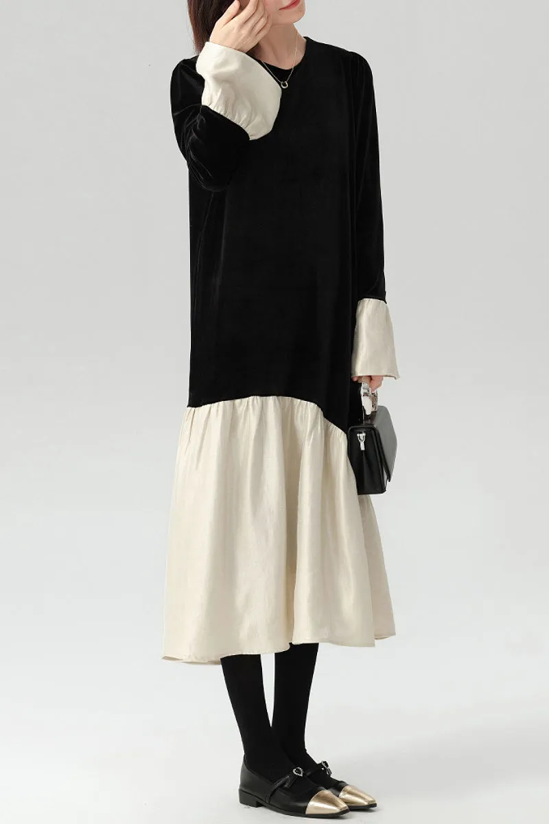 Asymmetric Patchwork Long-Sleeve Velvet Dress