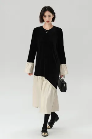 Asymmetric Patchwork Long-Sleeve Velvet Dress