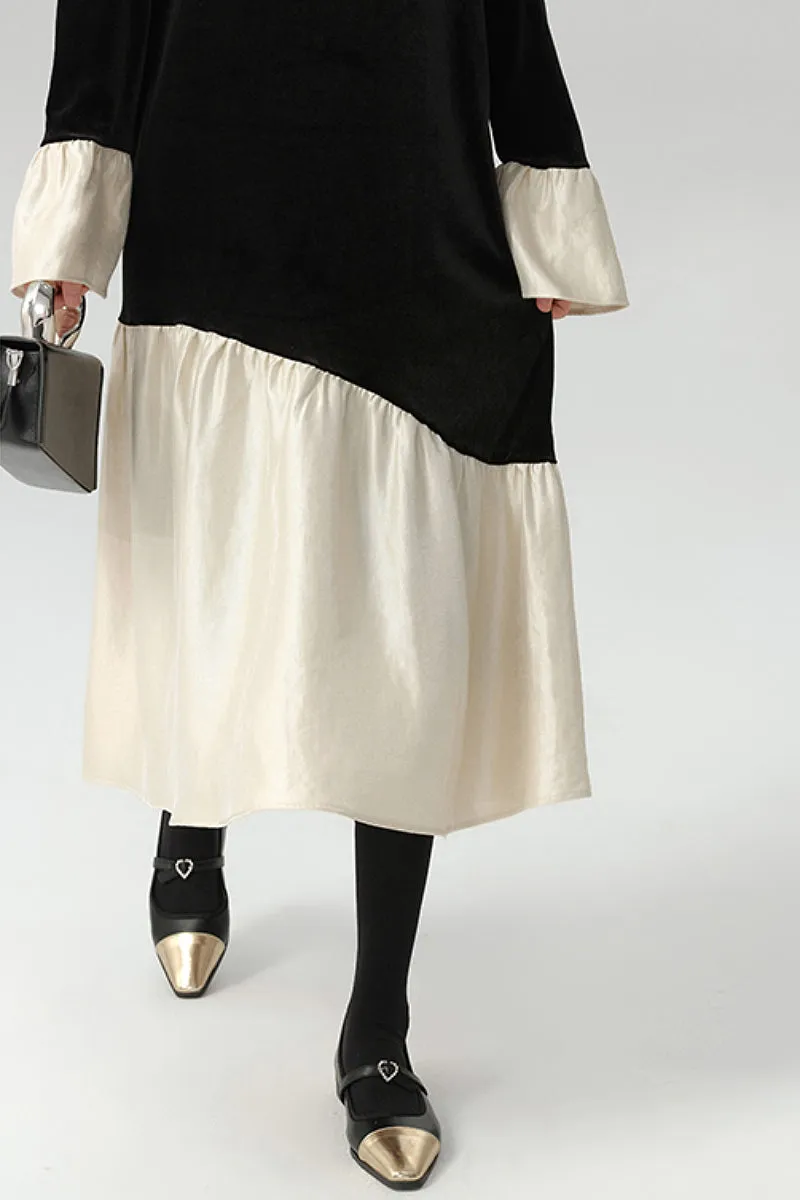Asymmetric Patchwork Long-Sleeve Velvet Dress