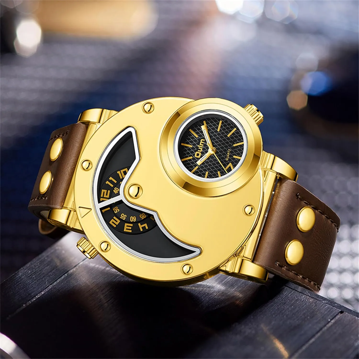 Avaner Men's Leather Wrist Watches: Dual Time Zone Analog Quartz Gold Watches