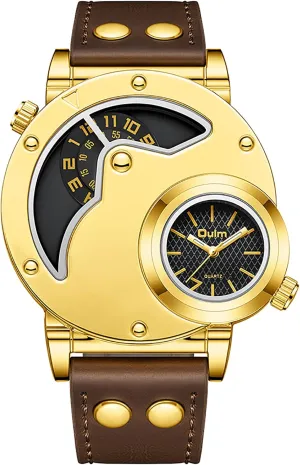 Avaner Men's Leather Wrist Watches: Dual Time Zone Analog Quartz Gold Watches
