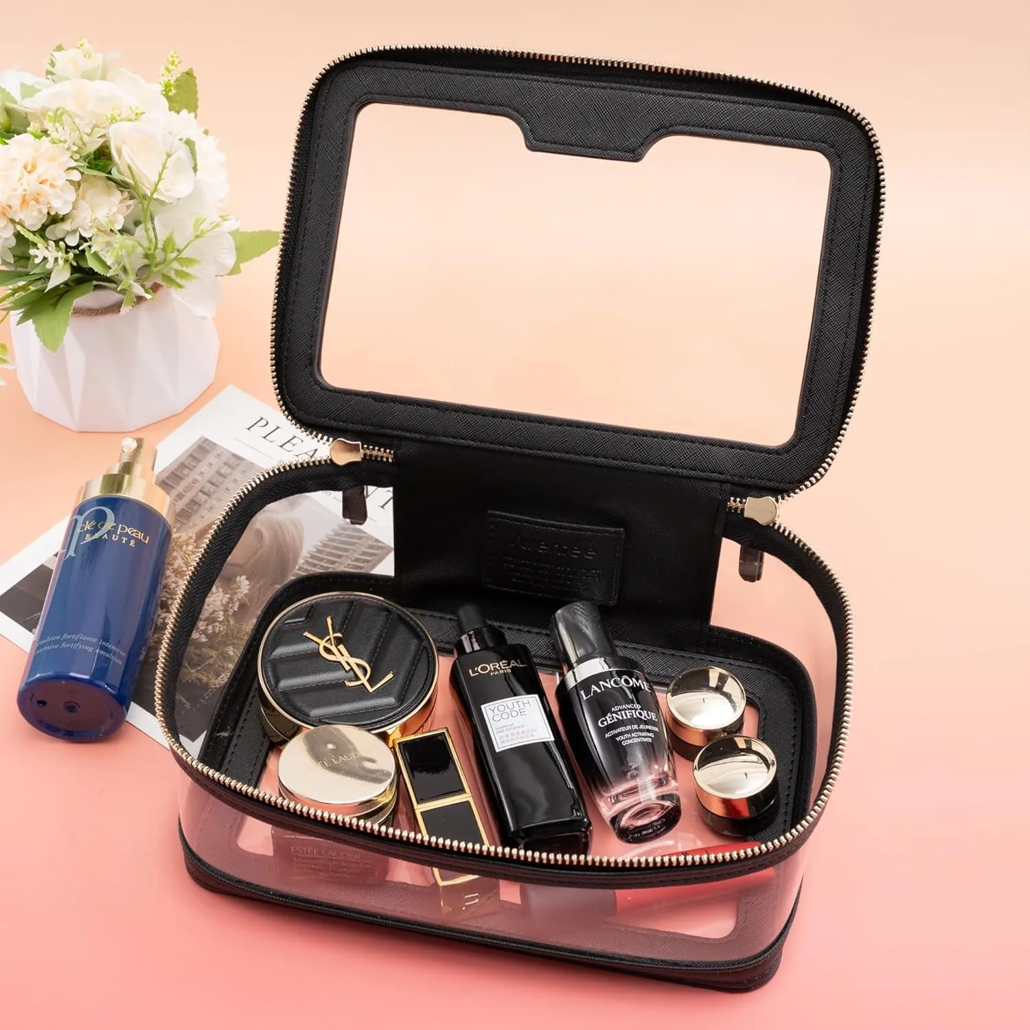 Aveniee Clear Makeup Bag, Travel Toiletry Bag for Women, Large Make up Case Cosmetic Bag with Dual Zipper, Transparent Car Organization Makeup Organizer Pouch for toiletries (Black)