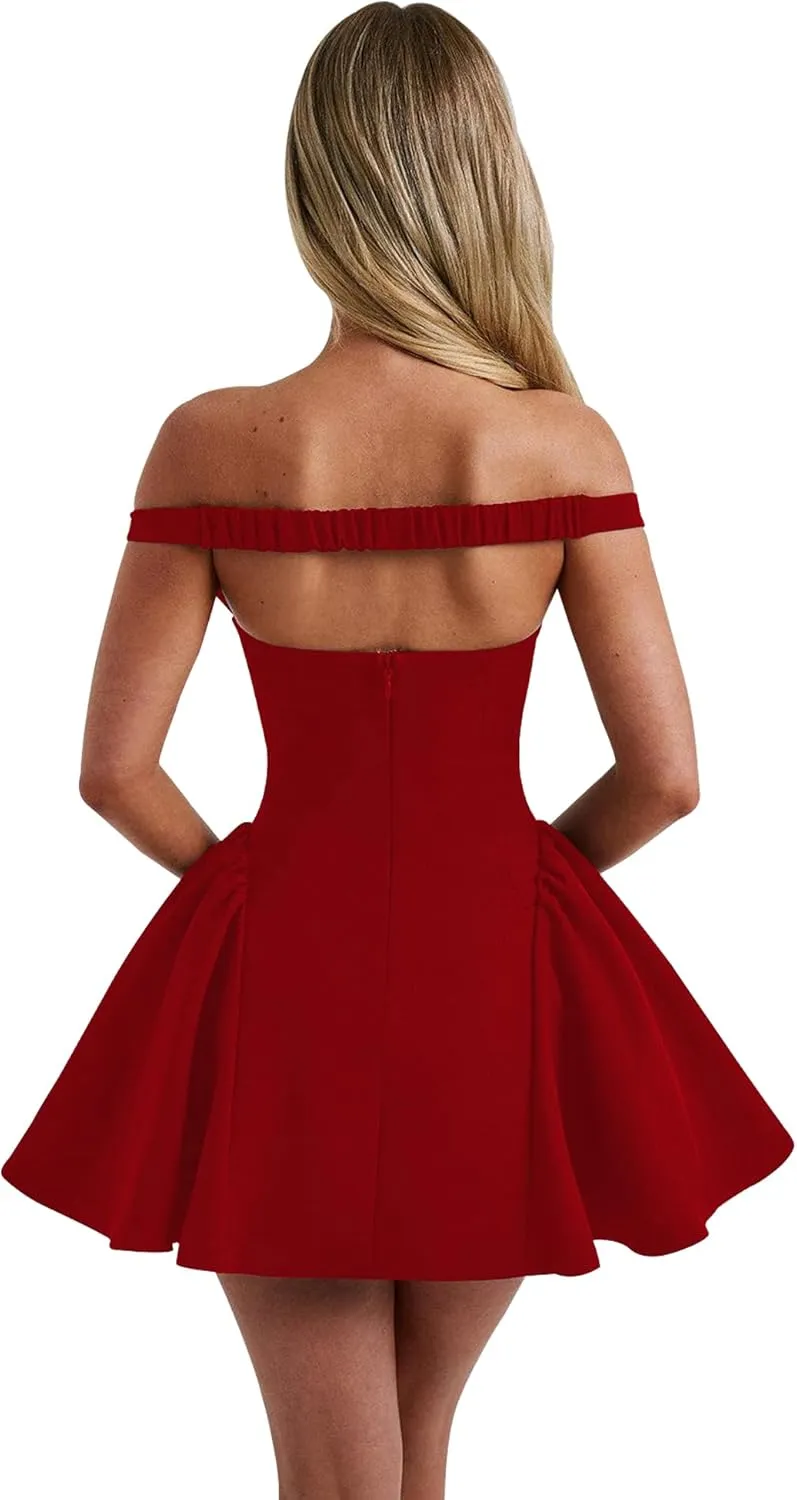 Azhong Women's Summer Sexy V Neck Off Shoulder Wedding Mini Dresses Backless A Line Puffy Hem Prom Party Gown