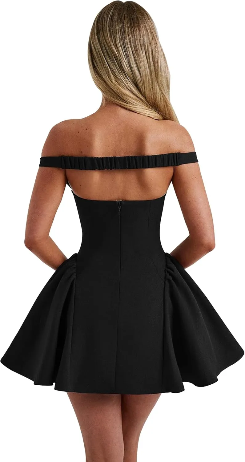Azhong Women's Summer Sexy V Neck Off Shoulder Wedding Mini Dresses Backless A Line Puffy Hem Prom Party Gown