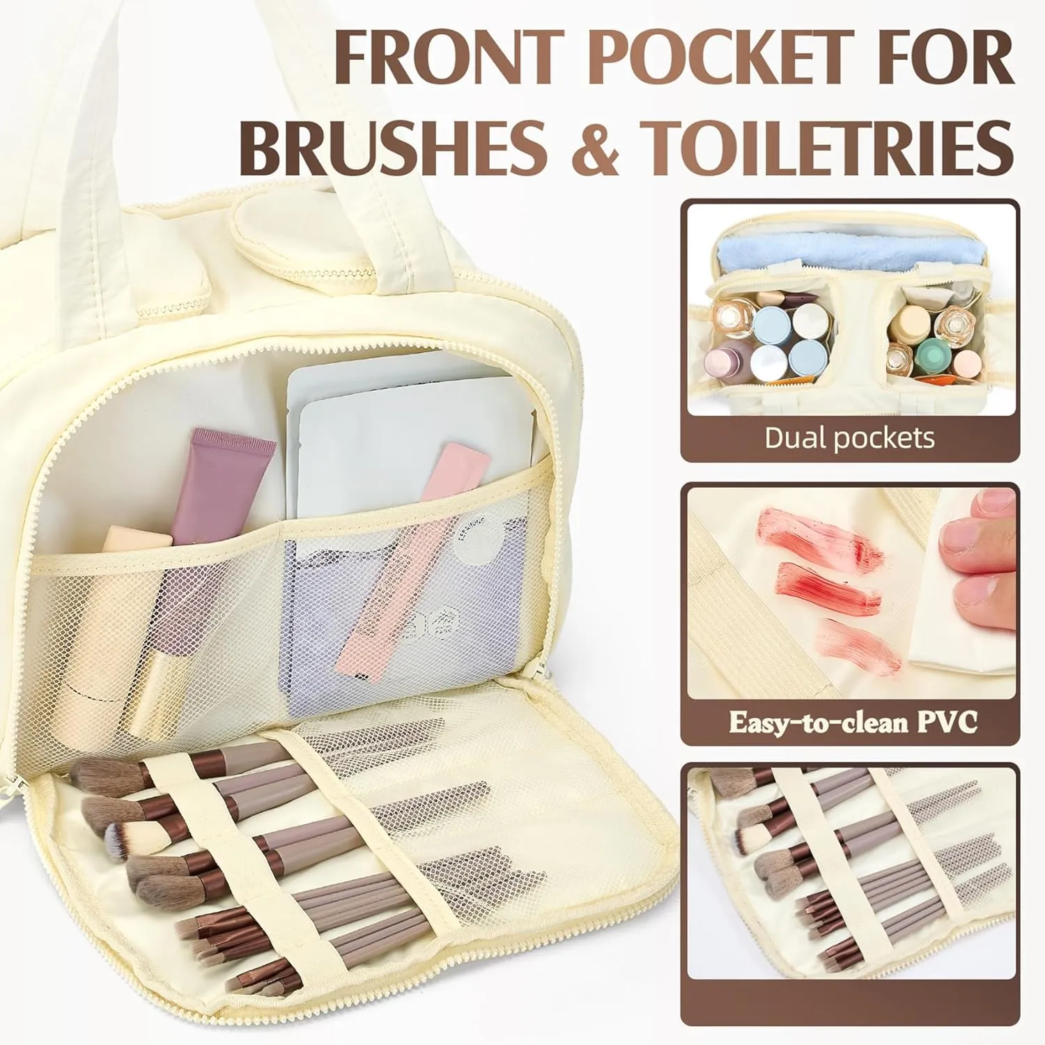 Azooken Travel Toiletry Bag,Stylish Large Wide-open Travel Bag for Women,Puffy Cosmetic Makeup Bag Organizer with Handle for Accessories,Essentials,Toiletries-Beige