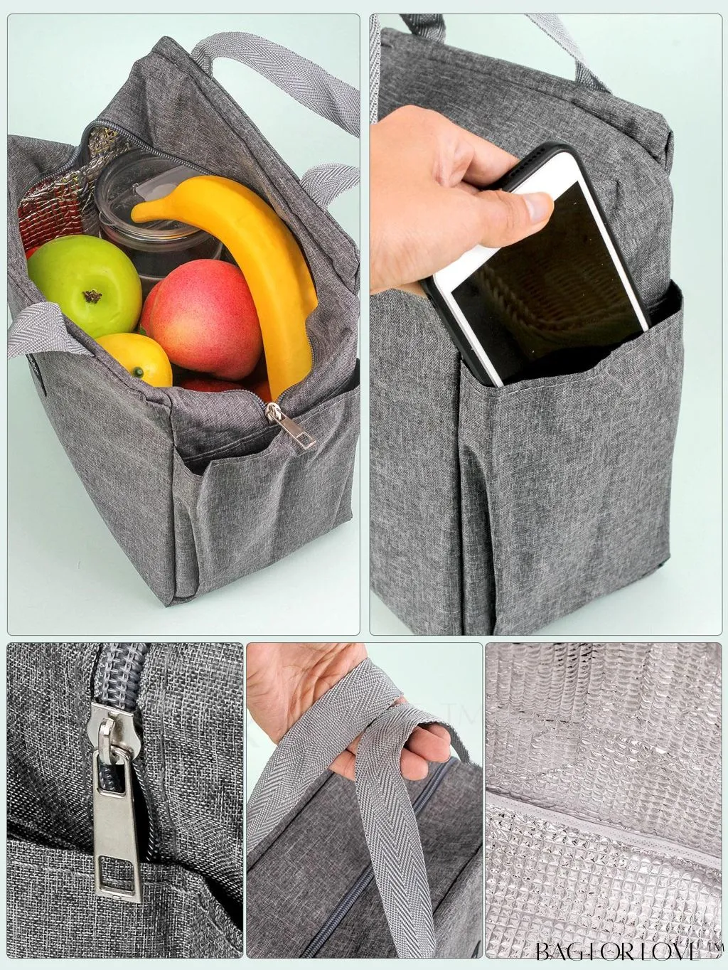 BagForLove - Waterproof & Insulated Aluminum Foil Lunch Bag with Double Pockets for Bento Box