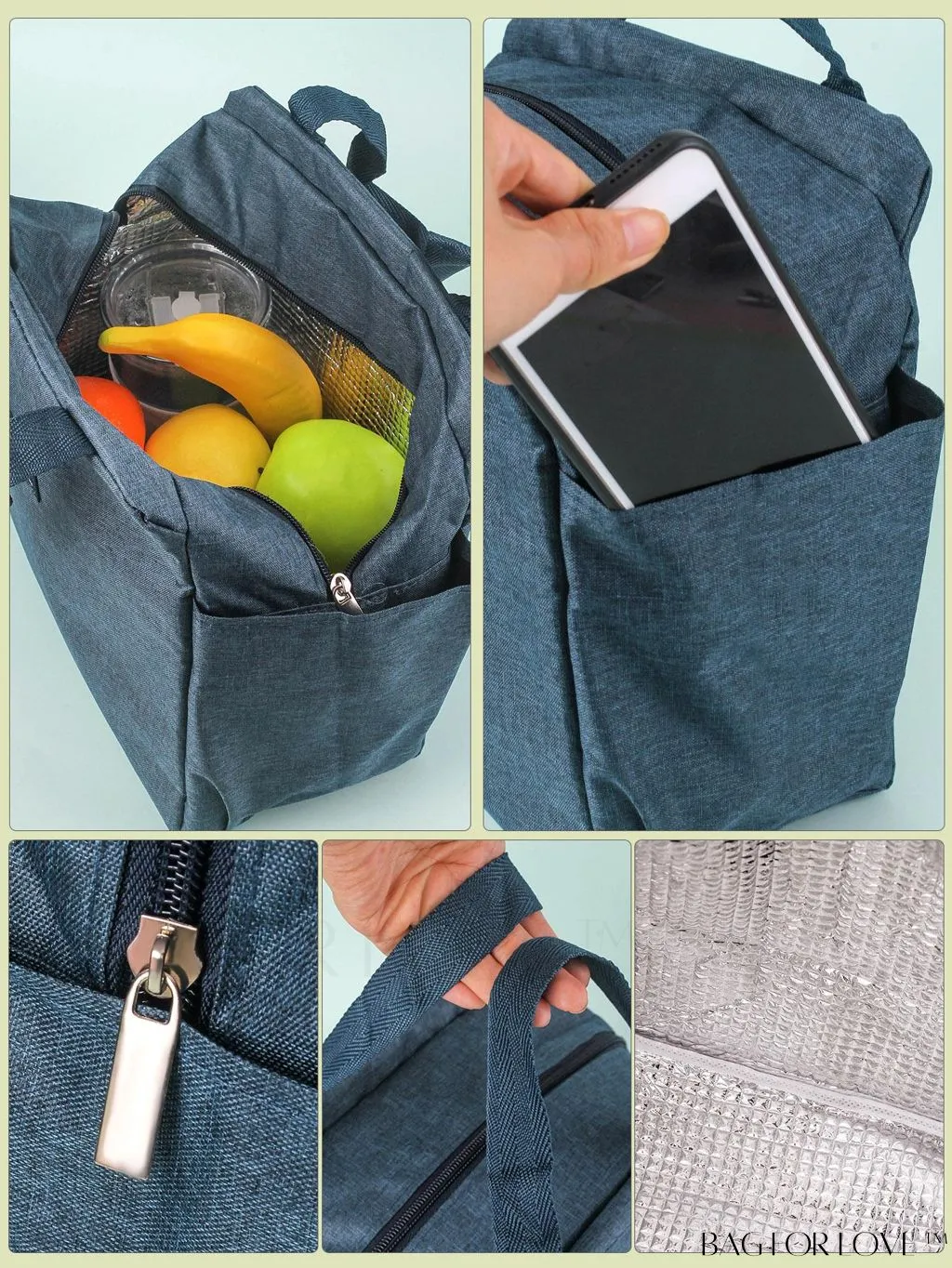 BagForLove - Waterproof & Insulated Aluminum Foil Lunch Bag with Double Pockets for Bento Box