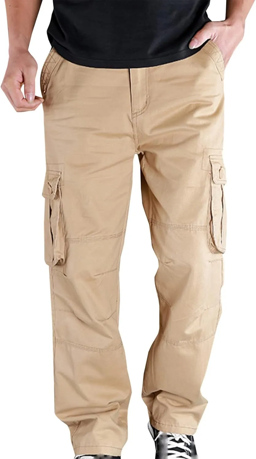 Baggy Pants for Men 2023 Casual Multi Pockets Solid Cargo Pant Athletic-Fit Buckle Zipper Sweatpants Trousers