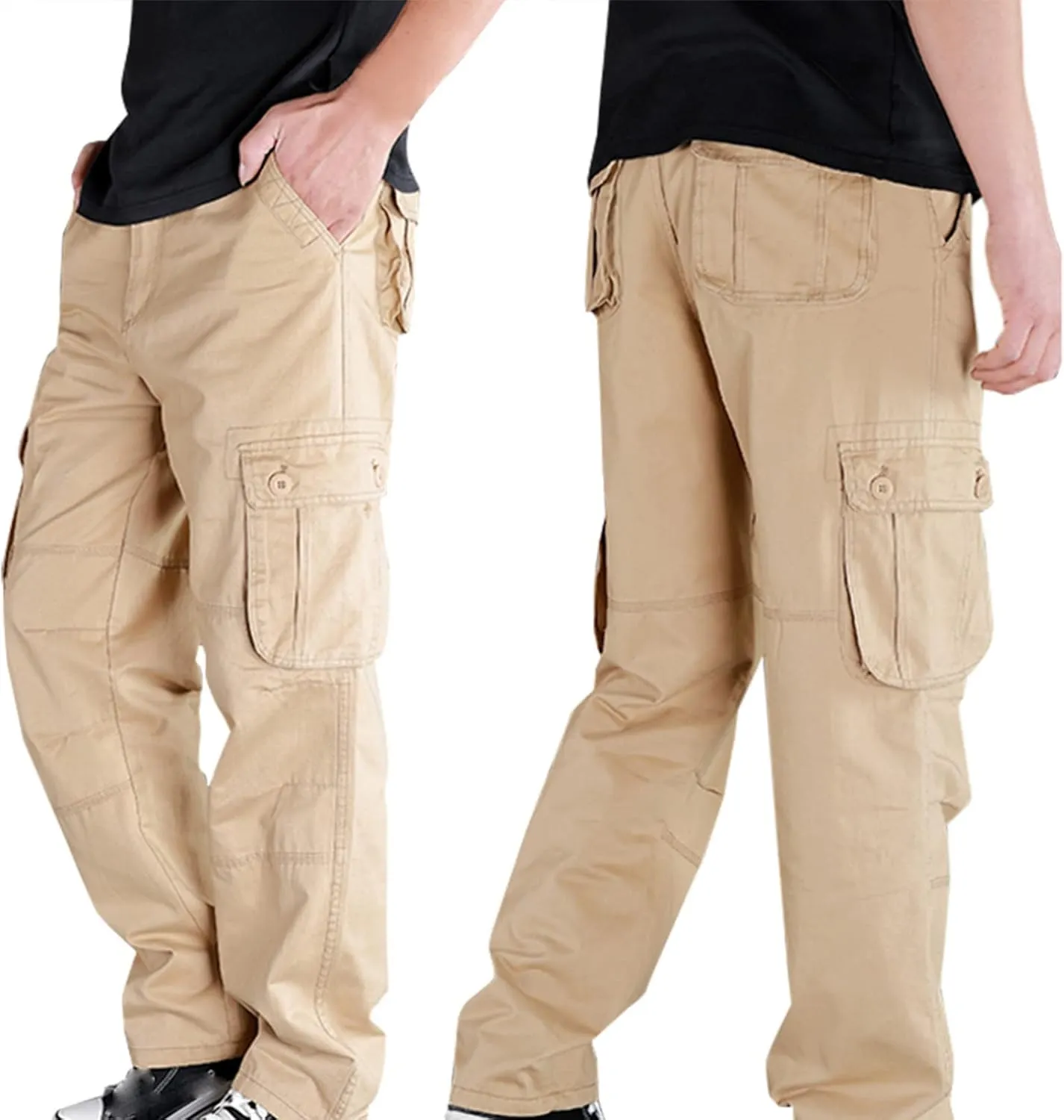 Baggy Pants for Men 2023 Casual Multi Pockets Solid Cargo Pant Athletic-Fit Buckle Zipper Sweatpants Trousers