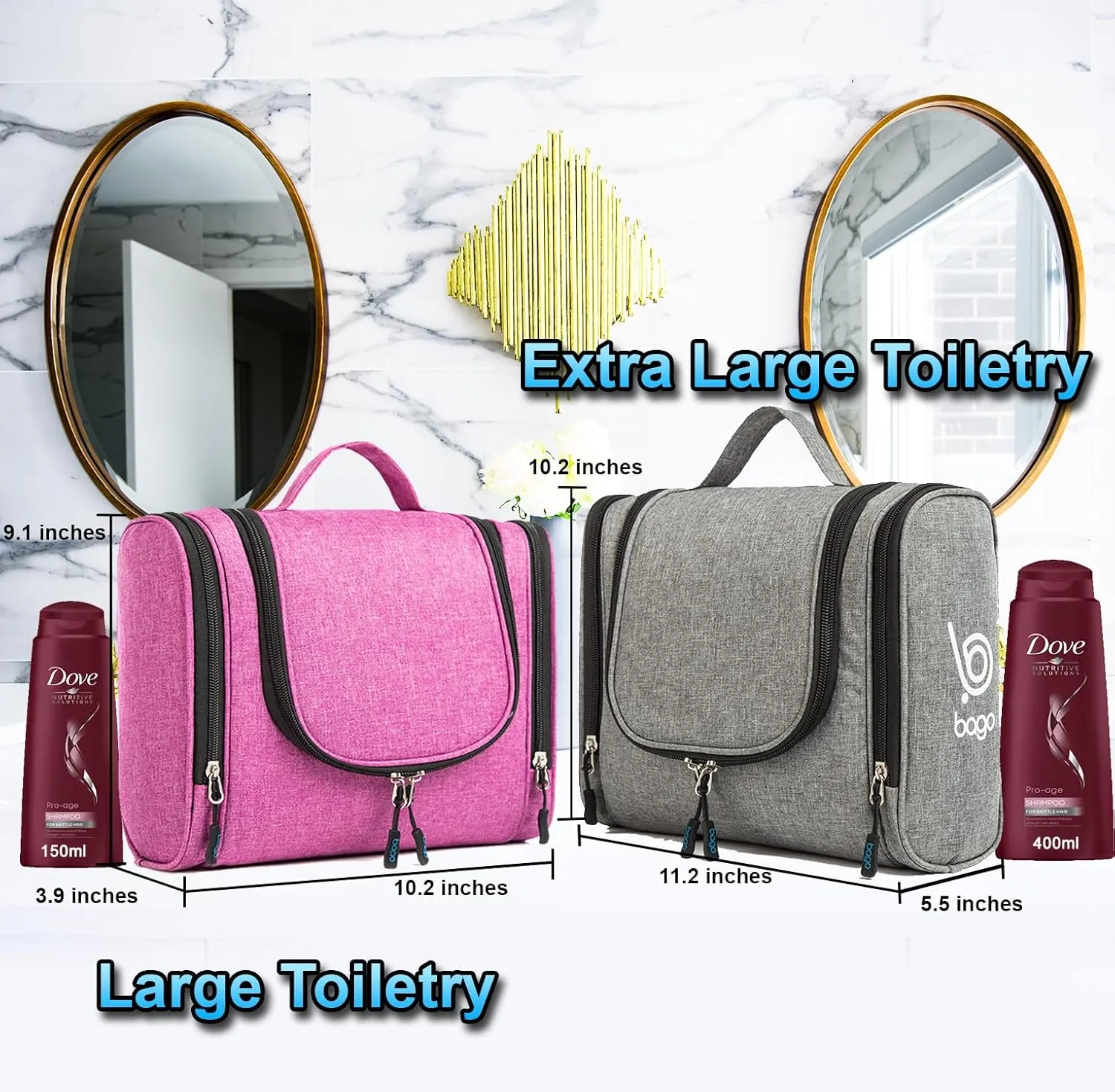 bago Travel Toiletry Bag for Women and Men X-Large Waterproof Hanging Large Toiletry Bag for Bathroom and Travel Bag for Toiletries Organizer -Travel Makeup Bag (Blue)