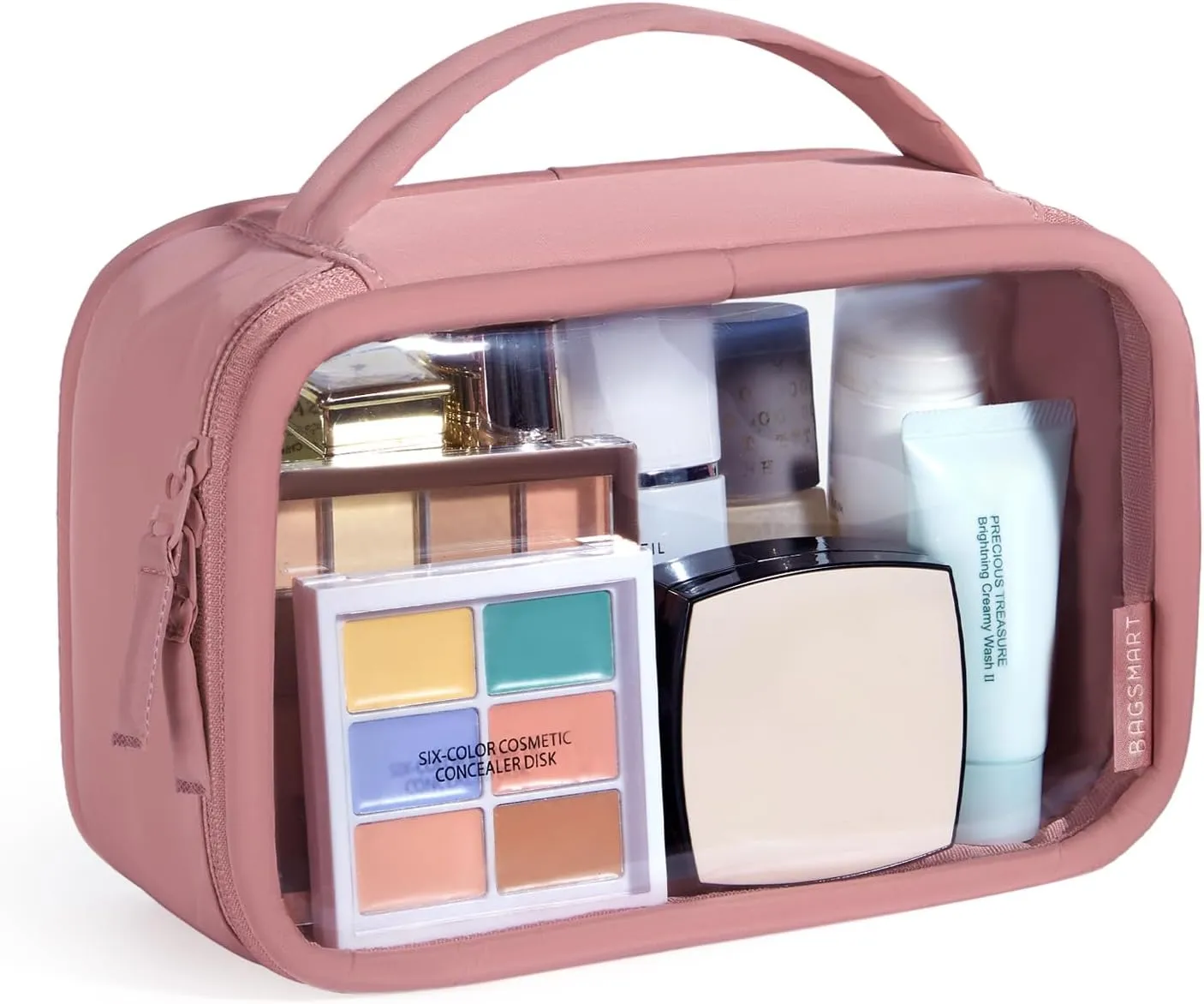 BAGSMART Clear Makeup Bag - TSA Approved Toiletry Bag with Handle Large Opening, Water-Resistant Durable PVC Clear Toiletry Bags for Traveling Travel Essentials (Pink)