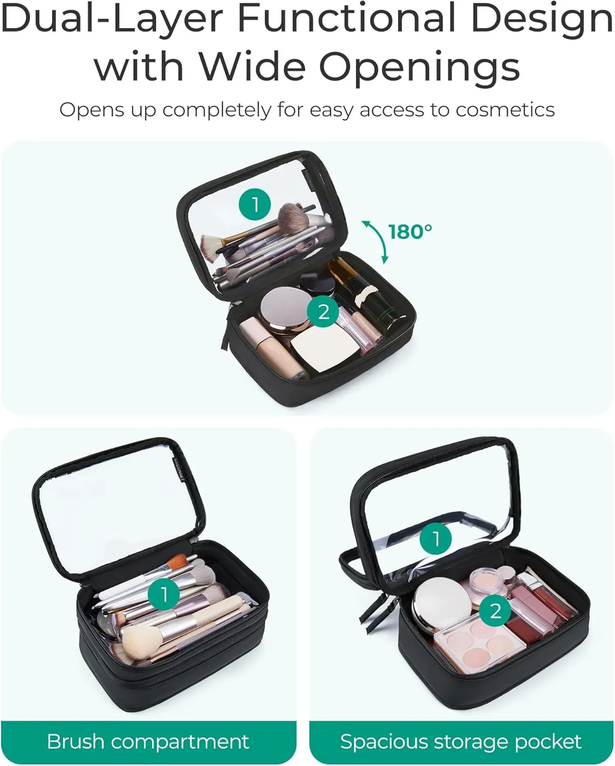 BAGSMART Double Layer Clear Makeup Bag, TSA-Approved Toiletry Bag, Large Opening with Handle, Cute Water-Resistant Travel Cosmetic Bag with Double Zipper for Car Essentials(Black)