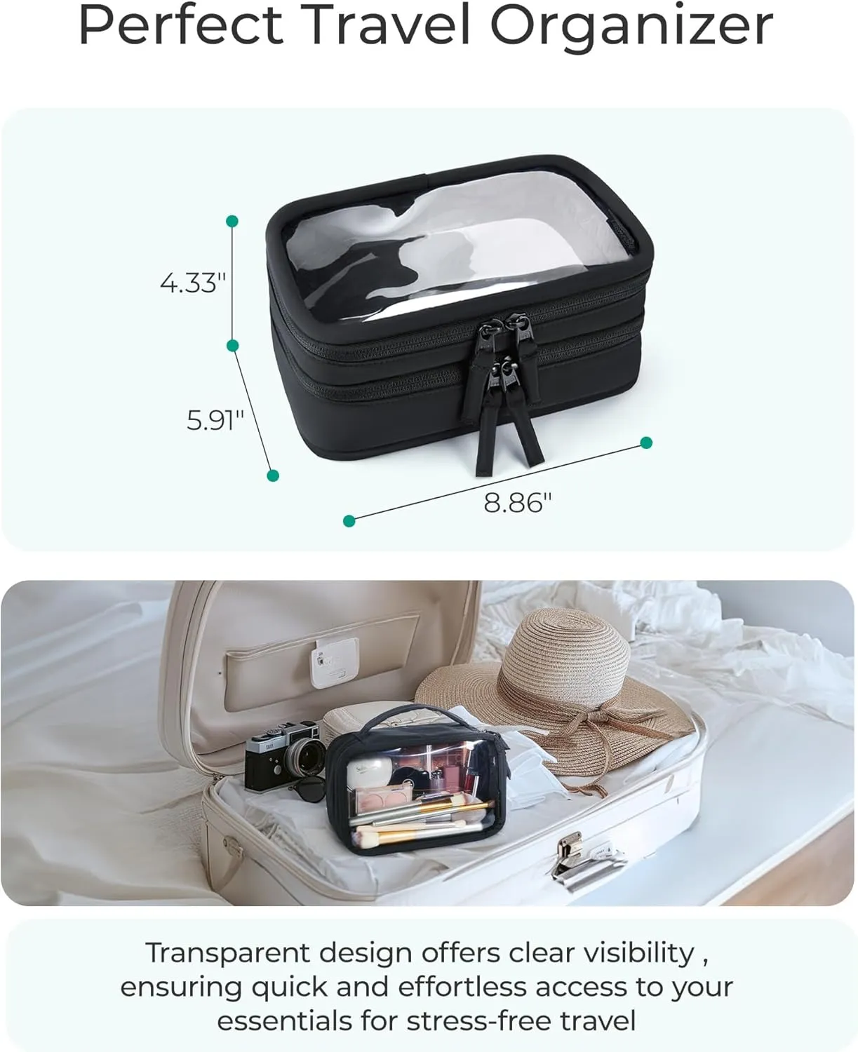 BAGSMART Double Layer Clear Makeup Bag, TSA-Approved Toiletry Bag, Large Opening with Handle, Cute Water-Resistant Travel Cosmetic Bag with Double Zipper for Car Essentials(Black)
