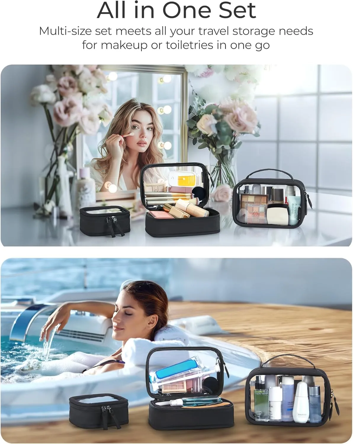 BAGSMART Double Layer Clear Makeup Bag, TSA-Approved Toiletry Bag, Large Opening with Handle, Cute Water-Resistant Travel Cosmetic Bag with Double Zipper for Car Essentials(Black)