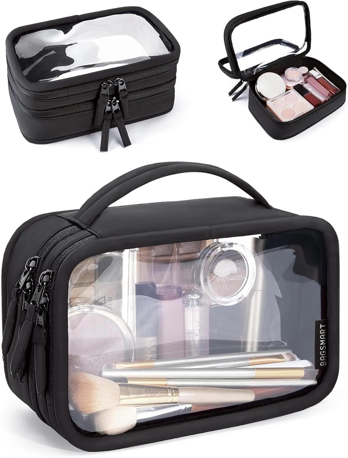 BAGSMART Double Layer Clear Makeup Bag, TSA-Approved Toiletry Bag, Large Opening with Handle, Cute Water-Resistant Travel Cosmetic Bag with Double Zipper for Car Essentials(Black)