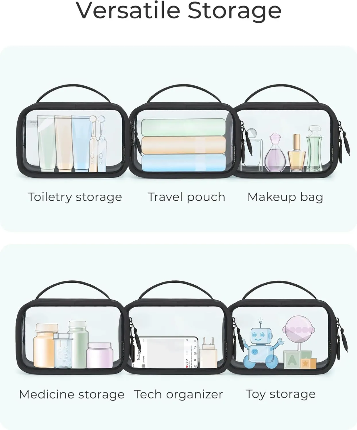 BAGSMART Double Layer Clear Makeup Bag, TSA-Approved Toiletry Bag, Large Opening with Handle, Cute Water-Resistant Travel Cosmetic Bag with Double Zipper for Car Essentials(Black)