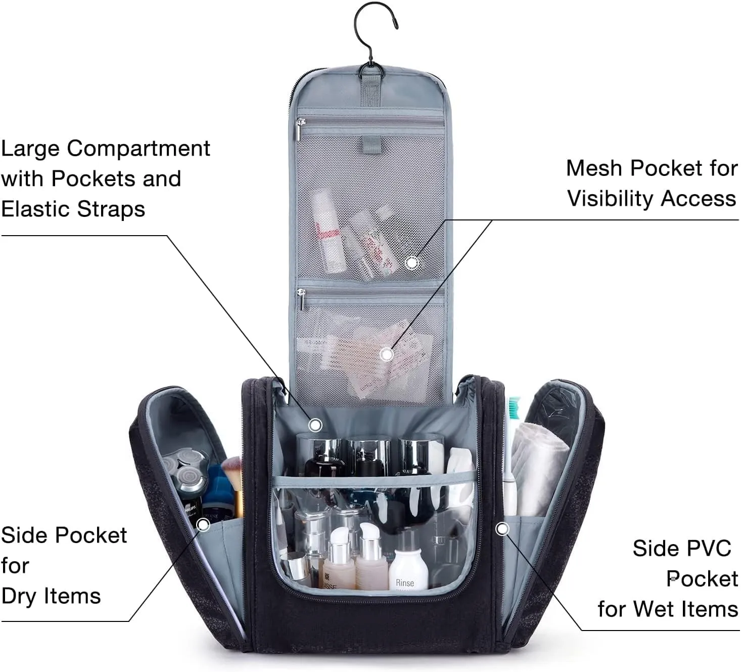 BAGSMART Extra Large Toiletry Bag Hanging Toiletry Bag for Travel, Water-resistant Cosmetic Makeup Travel Bag, Capacity Travel Bag Organizer for Full-size Toiletries, Black-Large