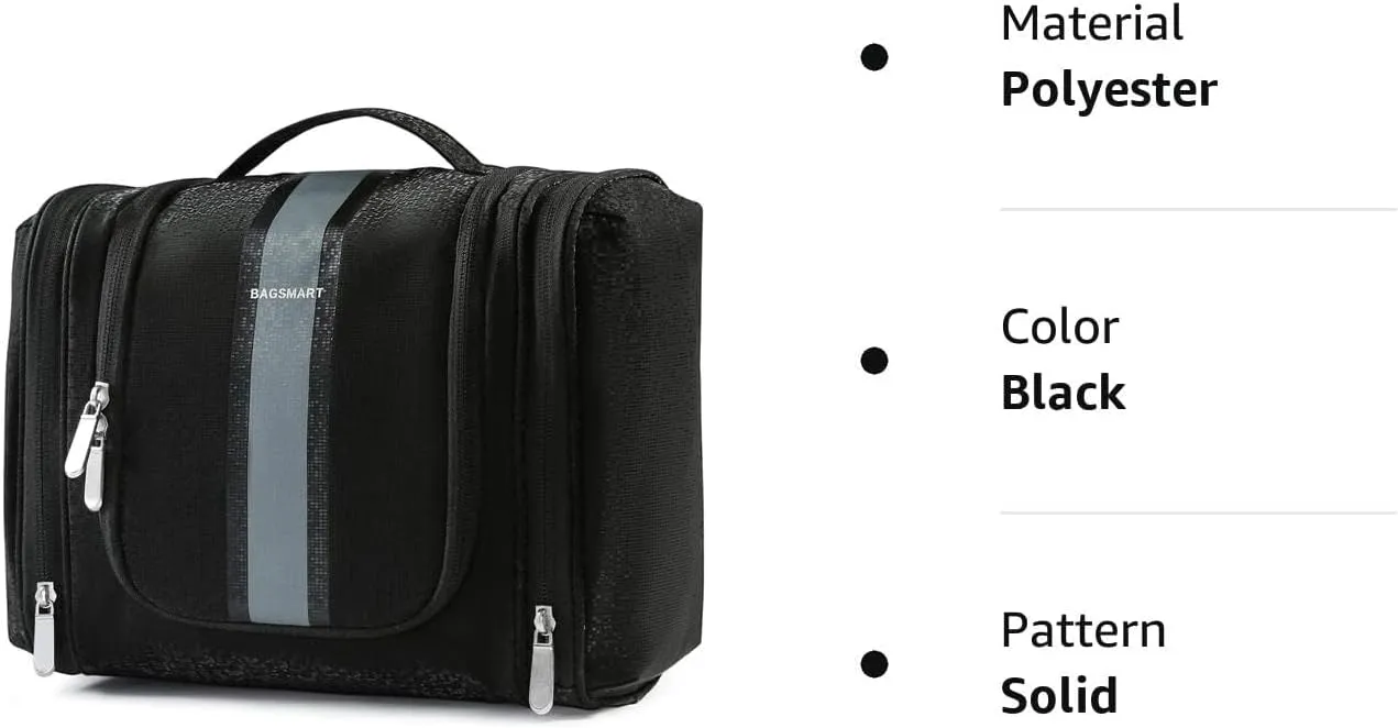BAGSMART Extra Large Toiletry Bag Hanging Toiletry Bag for Travel, Water-resistant Cosmetic Makeup Travel Bag, Capacity Travel Bag Organizer for Full-size Toiletries, Black-Large