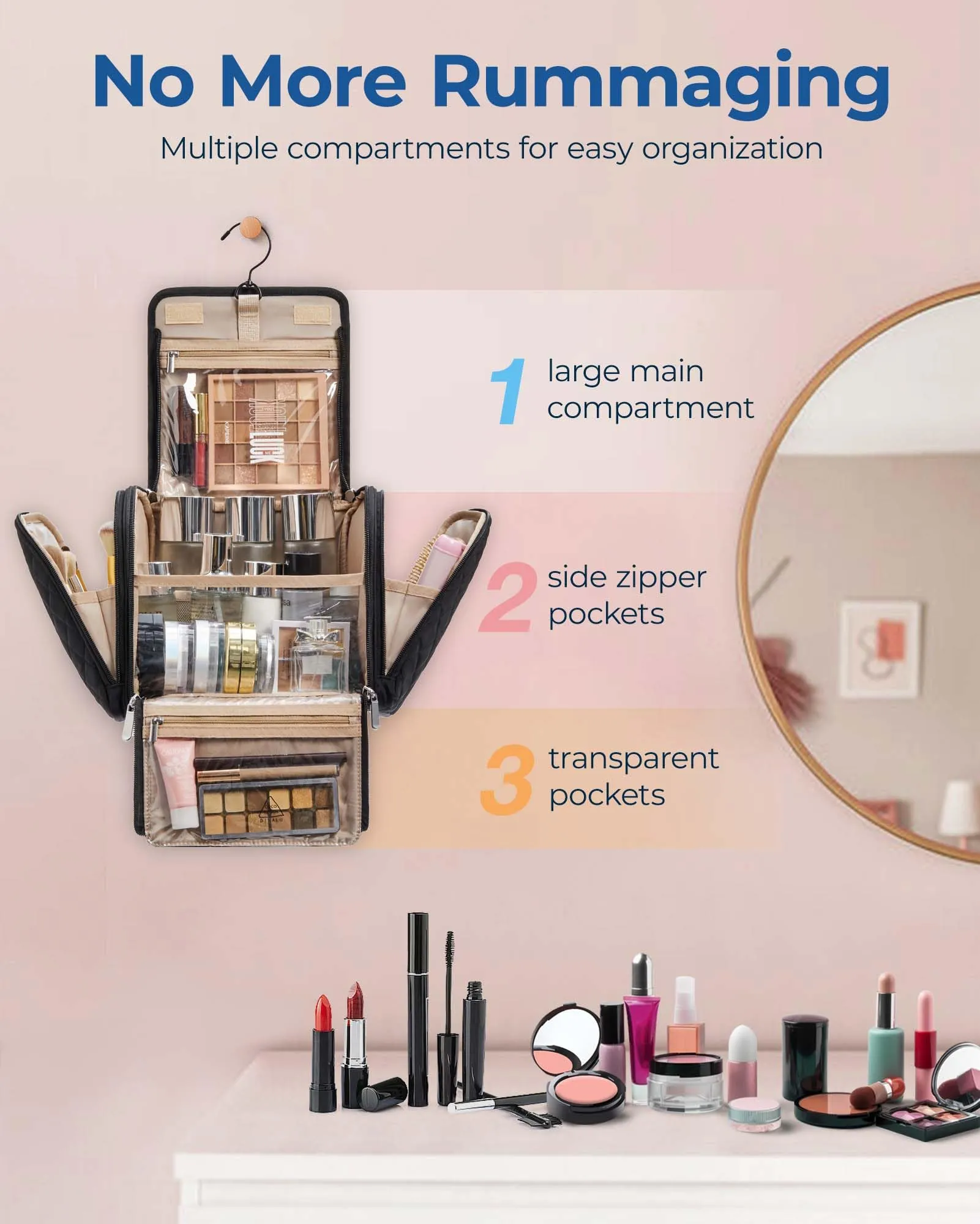 BAGSMART Makeup Bag for Women with Hanging Hook, Large Portable Capacity Water-resistant Organizer Travel Case for Toiletries and Cosmetics, Blue