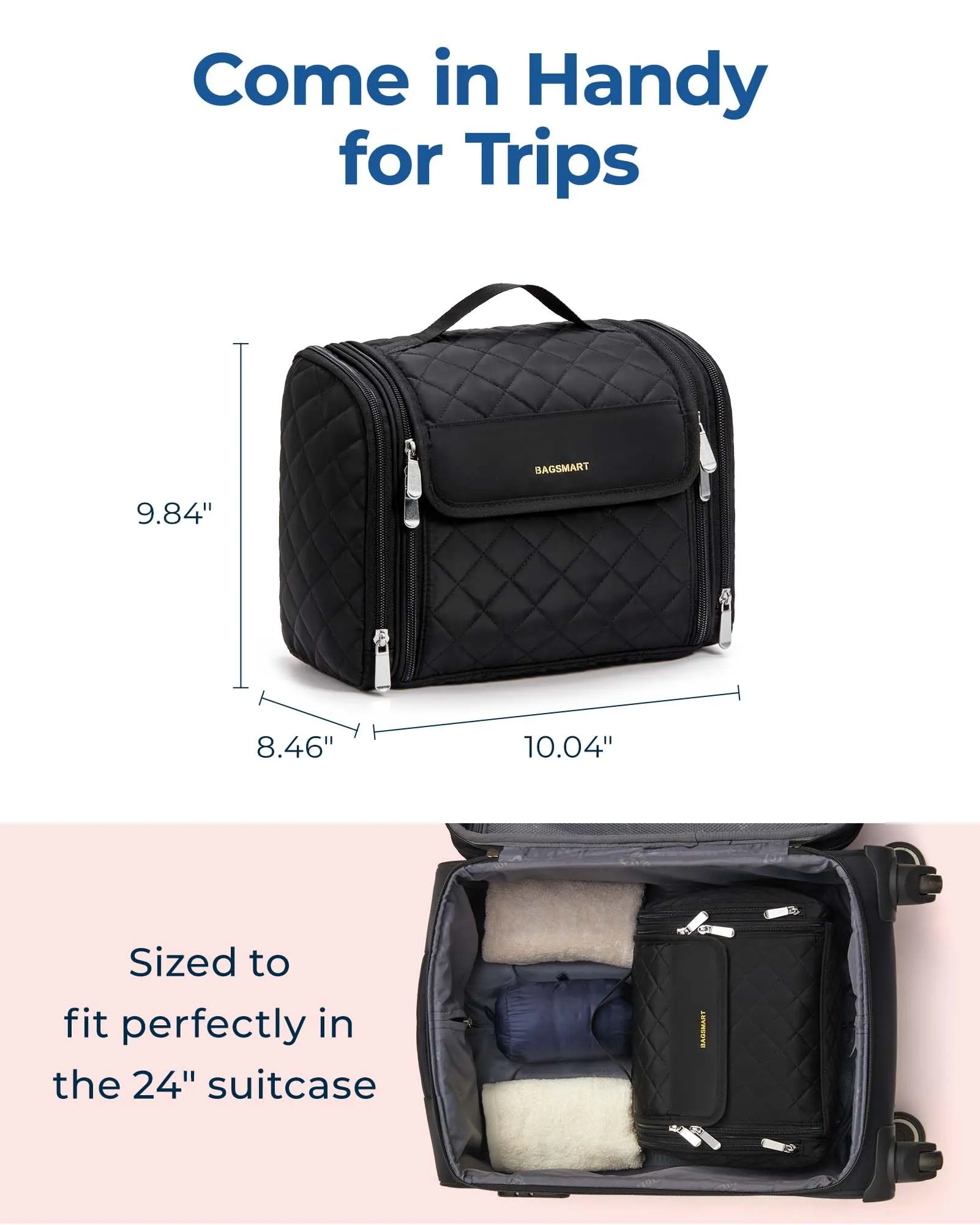 BAGSMART Makeup Bag for Women with Hanging Hook, Large Portable Capacity Water-resistant Organizer Travel Case for Toiletries and Cosmetics, Blue