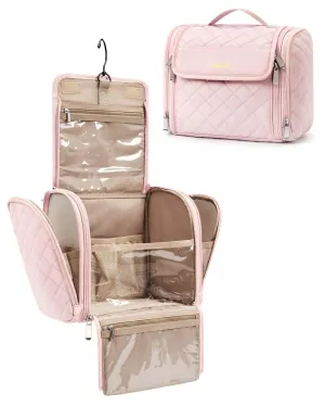 BAGSMART Makeup Bag for Women with Hanging Hook, Large Portable Capacity Water-resistant Organizer Travel Case for Toiletries and Cosmetics, Pink